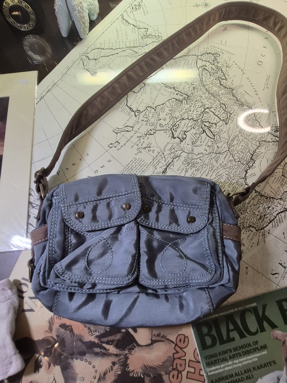 Izod Slate Blue Crossbody with Brown Strap
